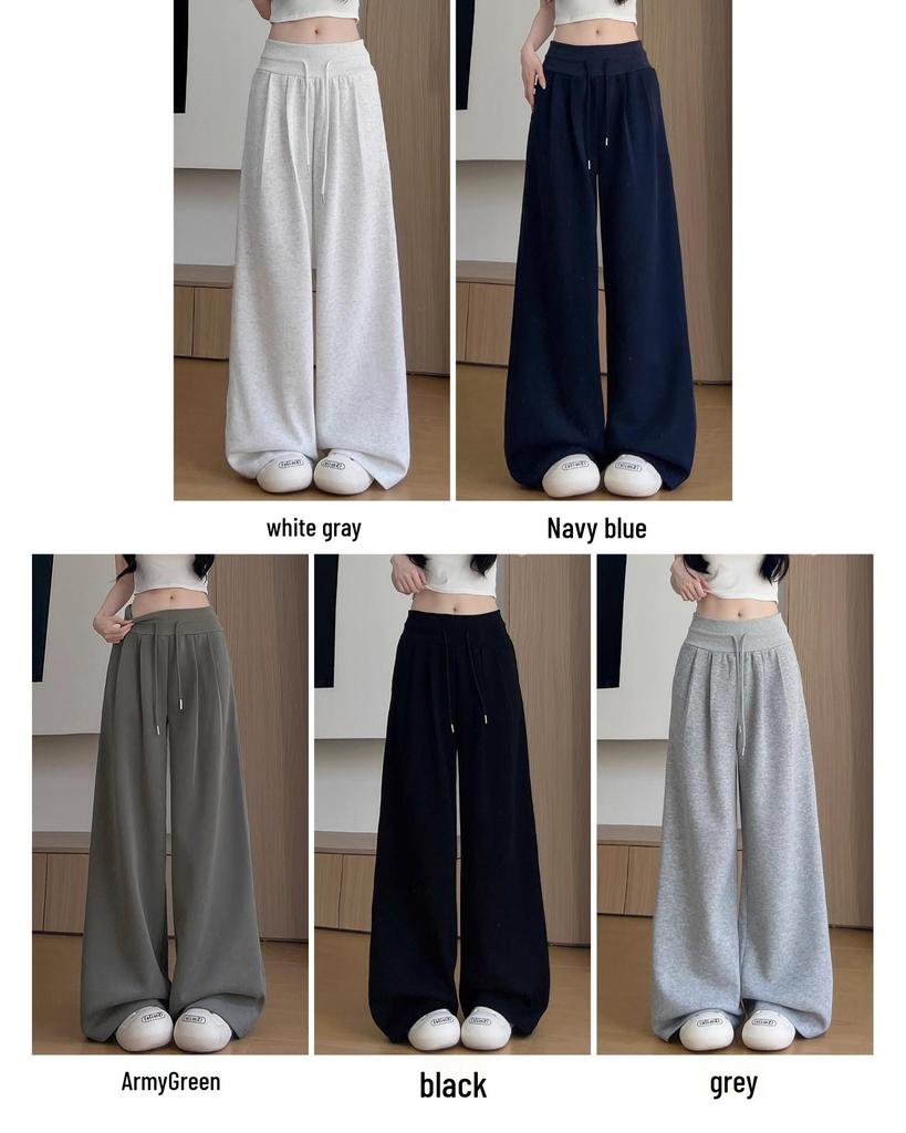 Women's White-Gray Low-Waist Wide-Leg Sweatpants - Petite, Casual, Autumn Drape