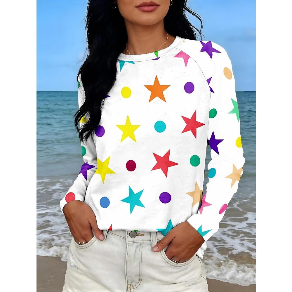 Fashionable Comfortable Breathable Women's T-shirt Colorful Creative Pattern Casual Sports Versatile Round Neck Long Sleeved T-shirt