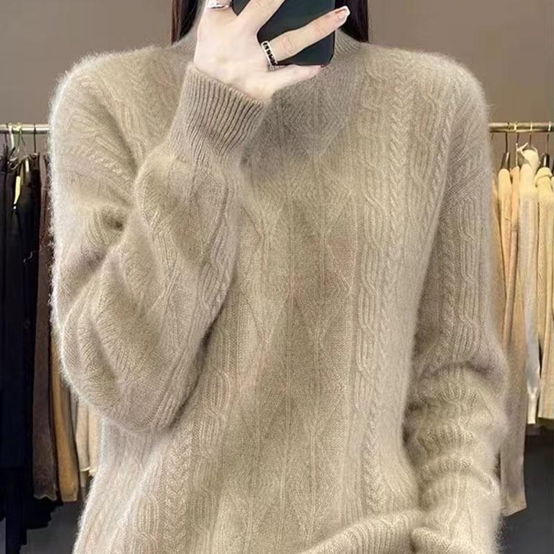 Women's Half-High Collar Cable Knit Wool Sweater - Long Sleeve, Loose Fit, Versatile, Thickened for Autumn and Winter.