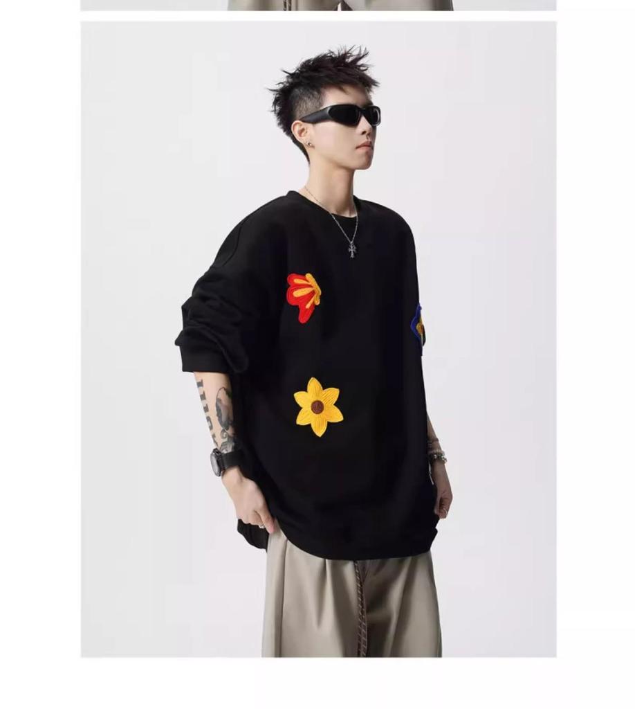 Unisex Floral Embroidered Sweatshirt - Spring & Autumn Trendy Round Neck Casual Base Layer