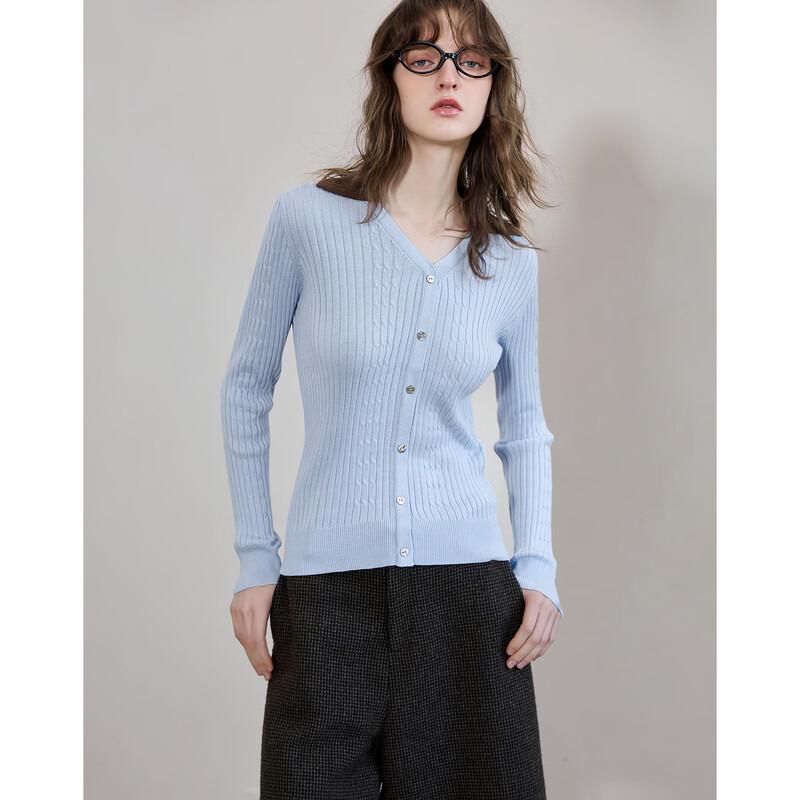 DEMAUNA Women s V-Neck Color Block Cable Knit Cardigan L