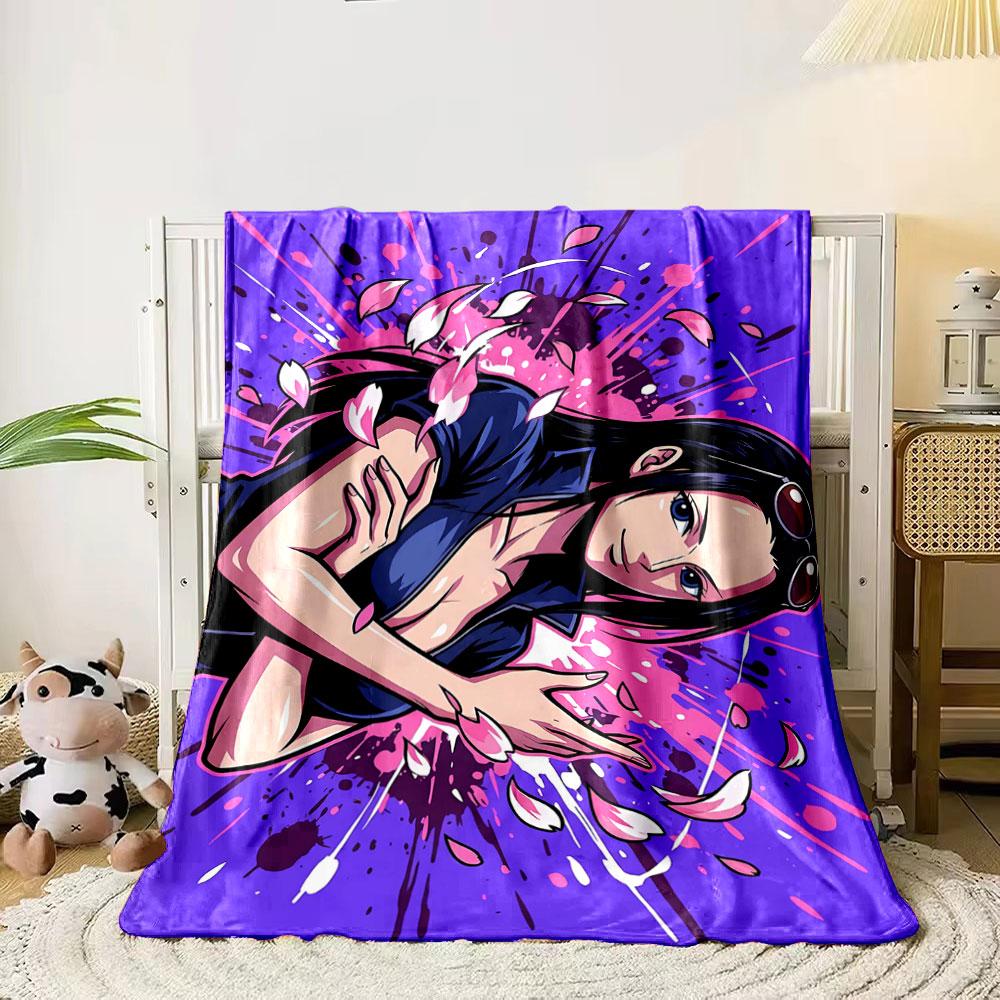 A woman with flowing petals on a vibrant purple and pink splatter background. for all seasons blanket lunch break throw gift