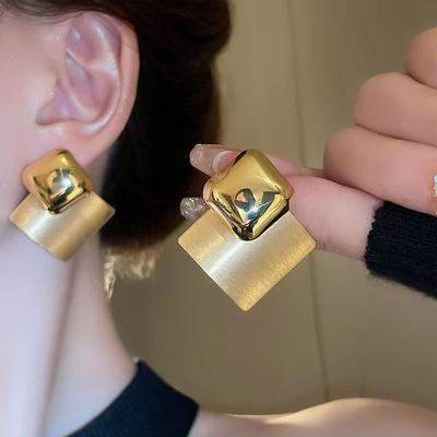 Square Brushed Matte Contrasting Stud Earrings Women, Simple Temperament Geometric Earrings Earrings