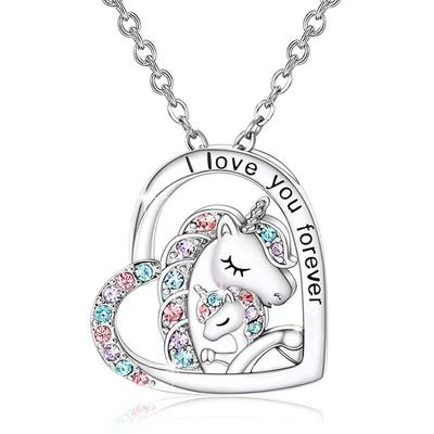 Creative New Unicorn Necklace Colorful Heart Shaped Pony Love Rhinestone Pendant Necklace