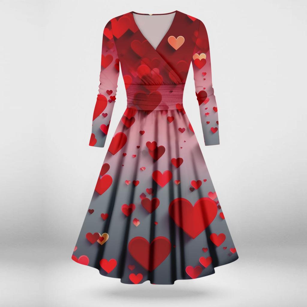 Women's Fashion Casual Valentine's Day Printed Long Sleeve V-Neck Sexy Dresses