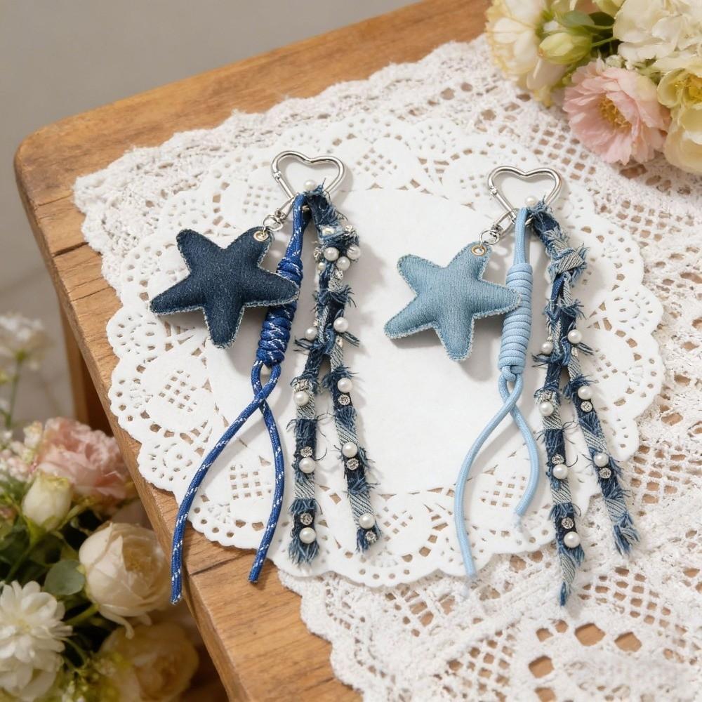 Star Heart Pendant Denim Keychain Distressed Frayed Keychain Pendant for Women Ladies Bag