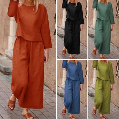 2 Pcs/Set Fall Spring Women Top Pants Set Long Sleeves Round Neck T-shirt Elastic Waist Trousers