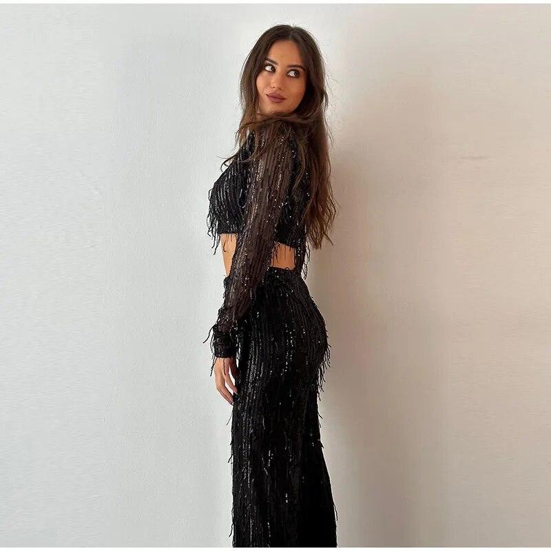 Paiete cu ciucuri Femei Seturi 2 piese Argintiu Mătase strălucitoare Topuri crop cu decolteu Pantaloni largi Pantaloni pentru femei Set de pantaloni pentru femeie Fashion Street Lady Set Legant Party Sexy Outfits