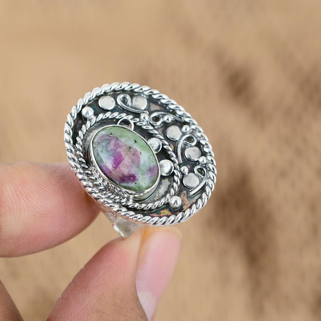 Natural Ruby Zoisite Gemstone Promise Green Adjustable Ring 925 Sterling Silver