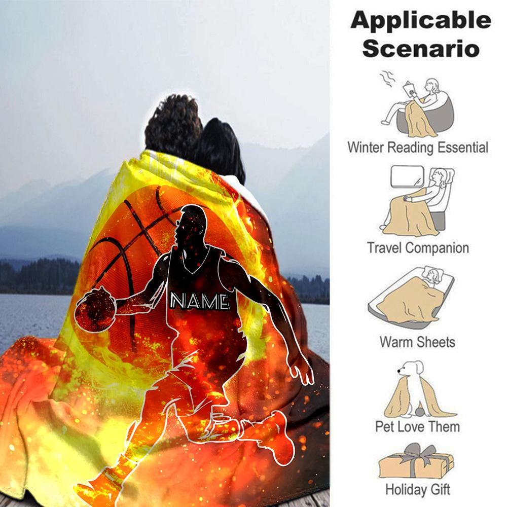 Flaming Basketball Player In Action On Fire Background Multipurpose Customizable Blanket Personalized Text Soft Warm Cozy For Sofa Couch Office Bed