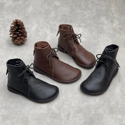 Retro-Kurze Stiefel aus echtem Leder, lässig, runde Zehen, vielseitig, einfarbig, Damenschuhe aus weichem Rindsleder mit weicher Sohle