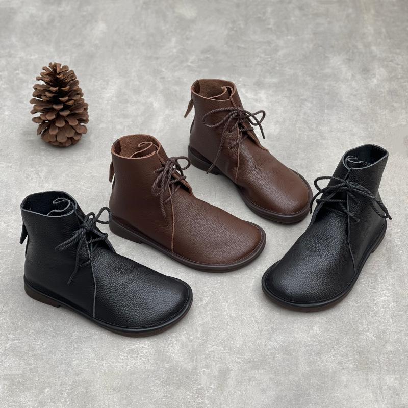 Johnature Retro Genuine Leather Short Boots Casual Round Toe Versatile Solid Color Women's Soft Cowhide Soft Sole Shoes