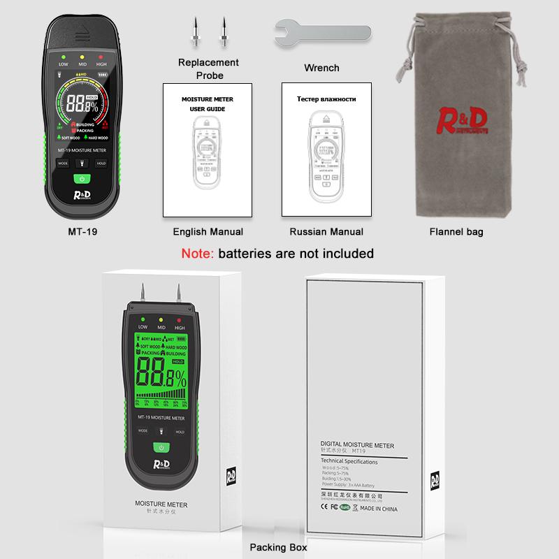 R&D MT19C Wood Moisture Meter Wall Water Tester Digital Humidity Meter Two Pins Hygrometer Concrete Cement Brick Detector