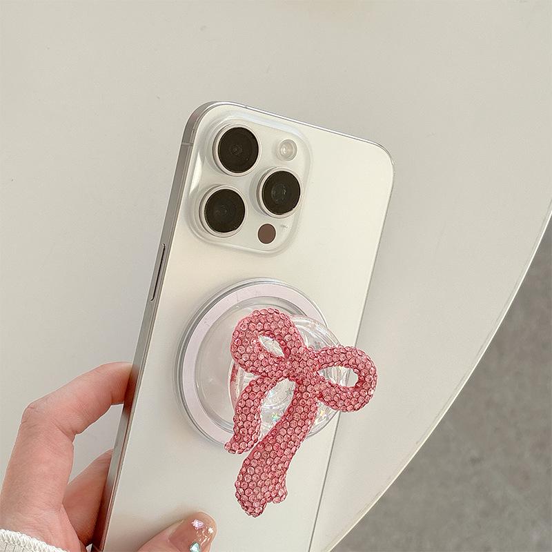 Korean Mobile Phone Airbag Holder with Rhinestone Bow and Magnetic Finger Ring