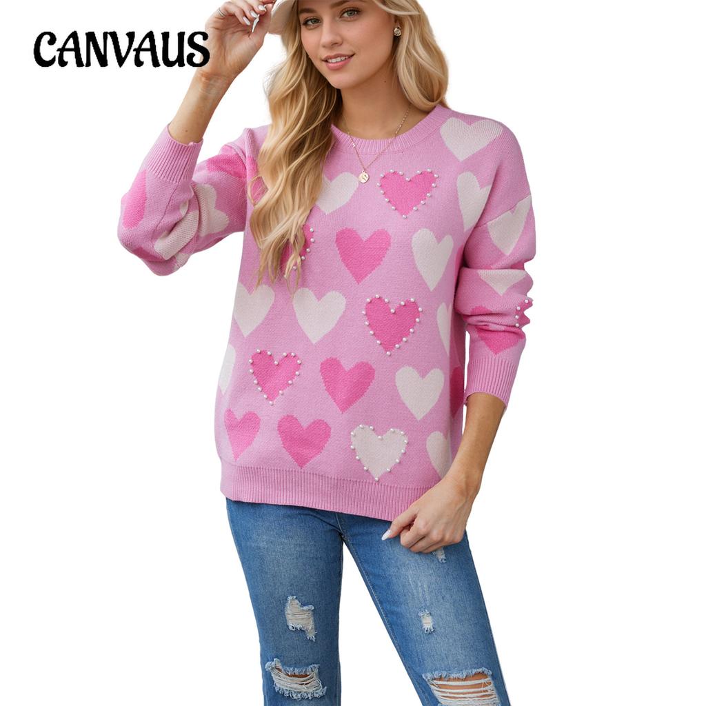 Herbst- und Winter Damenpullover Valentinstag Rundhals Handgefertigt Perlenherz Pfirsich Pullover Strickpullover