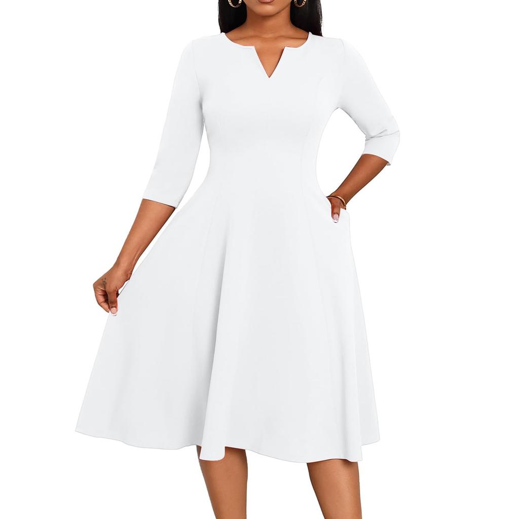 Women's A-Line Fit & Flare Skirt 3/4 Sleeves V-Neck Solid Color Cocktail Wedding Guest Overalls With Pockets Dress