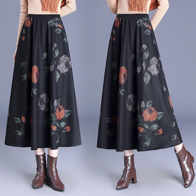 2026 New Style High-Waisted Wool Blend Reversible Velvet A-Line Mid-Length Skirt with Print