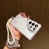 Metal Lens Holder Case For Samsung Galaxy S25 Ultra S23 S24 FE A56 A36 A16 Frosted Magnetic Wireless Charging Wrist Strap Cover