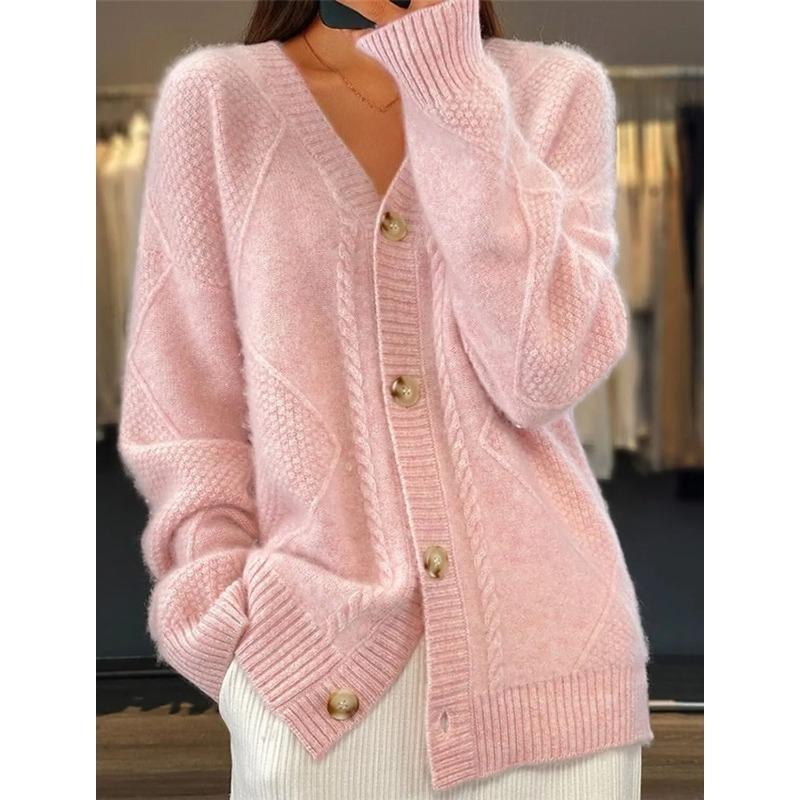 Damen V-Ausschnitt Zopfmuster Cardigan Flauschig Weich Langarm Knopfleiste Locker Lässig Herbst Winter Taschen Pullover Mantel
