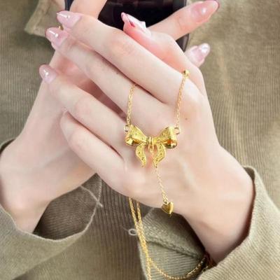 Zhou Family Retro Gold Necklace with Bow Tassel and Heart Clavicle Chain