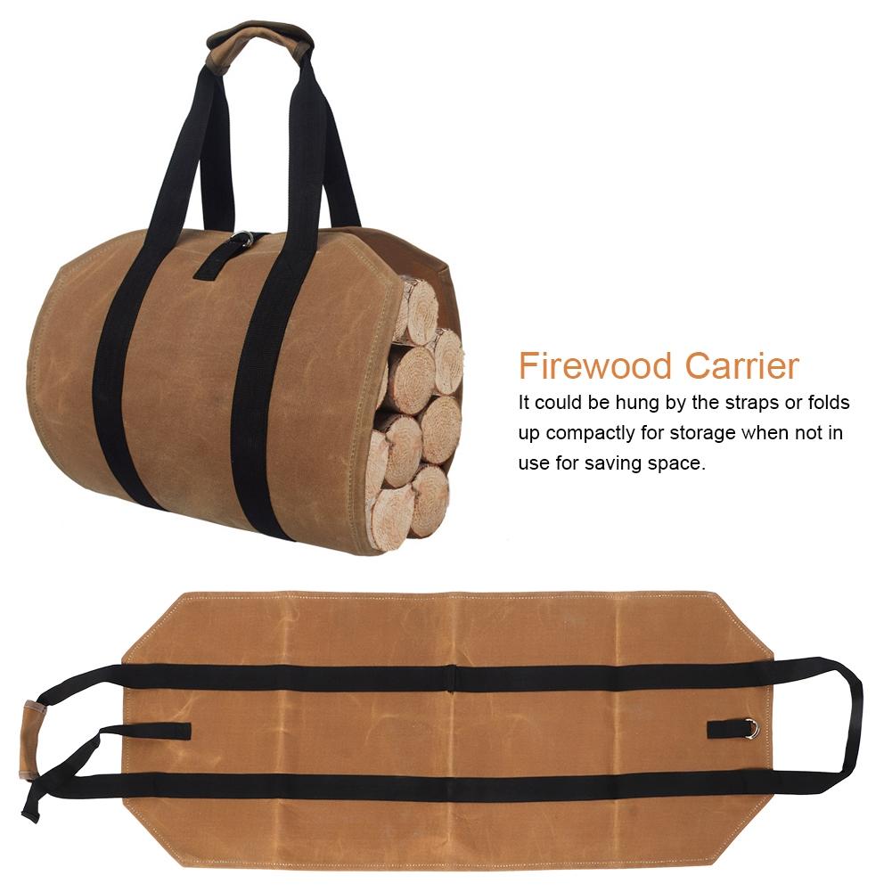 Waxed Canvas Waterproof Large Portable Firewood Holder Bag Log Carrier Tote for Garden Logging
