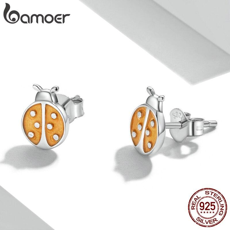 

BAMOER стерлингового серебра 925 пробы, оранжевые серьги-гвоздики в форме божьей коровки для девочек, мини-покрытые платиной женские серьги-гвоздики, серебряные ювелирные изделия, подарок на вечеринку 925 silver