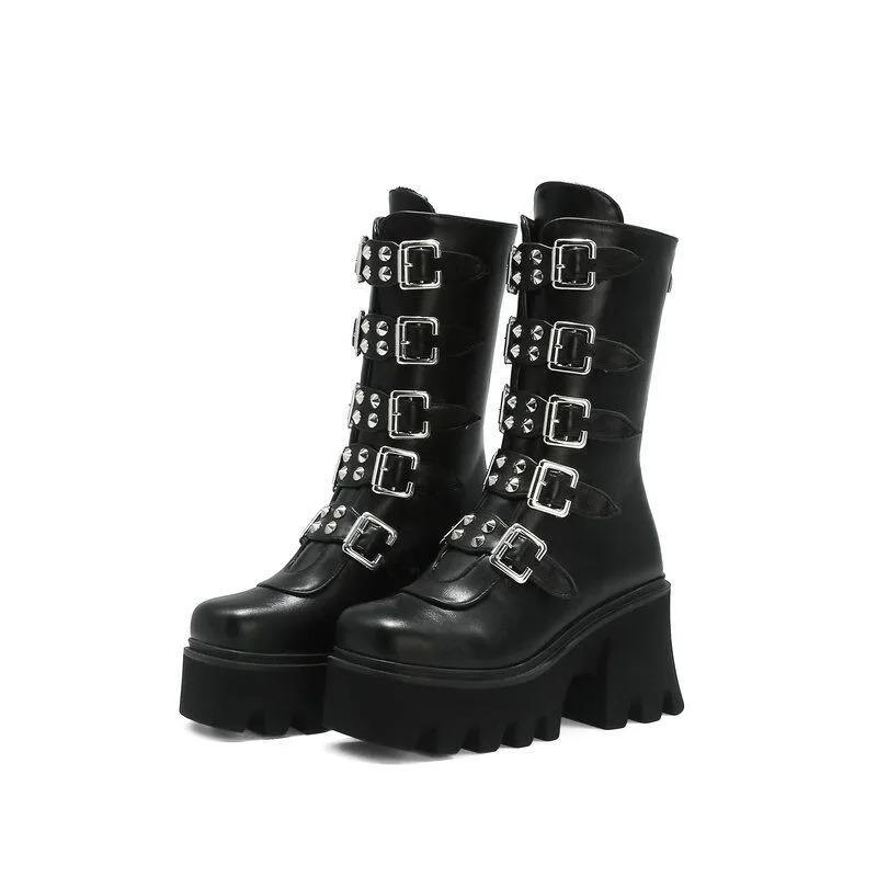 Fashion Women's Gothic Boots Punk Style Motorcycle Boot Luxury Mid-calf Leather Booties High-heel Platform Boots Halloween Cosplay Boots
