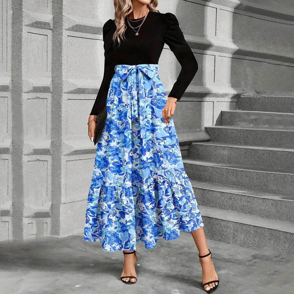 Sukienka damska z nadrukiem kwiatowym i wysokim stanem, modna i elegancka