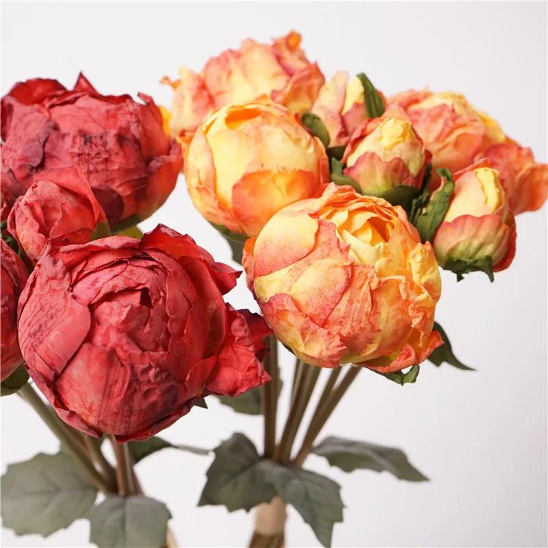 Artificial Handmade Burnt Edge Peonies Bouquet Silk Fake Flowers Office Decor Simulation Peony Bud Red Flower Table Decorative