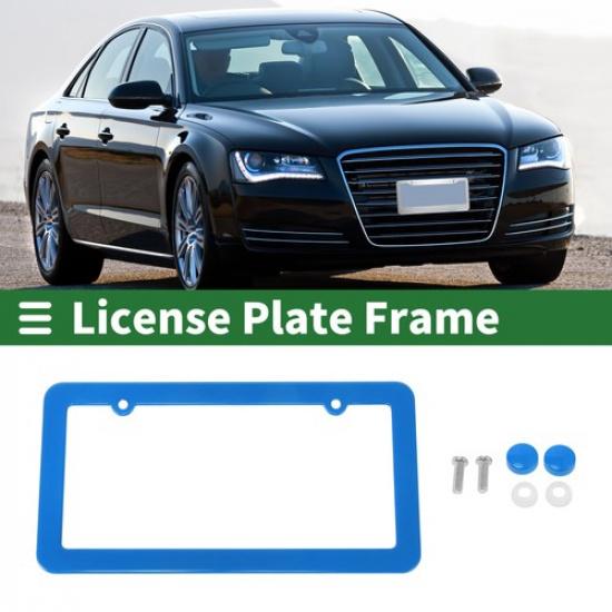 Car Front Rear License Plate Frames Stainless Steel 2 Hole Blue 1 Set