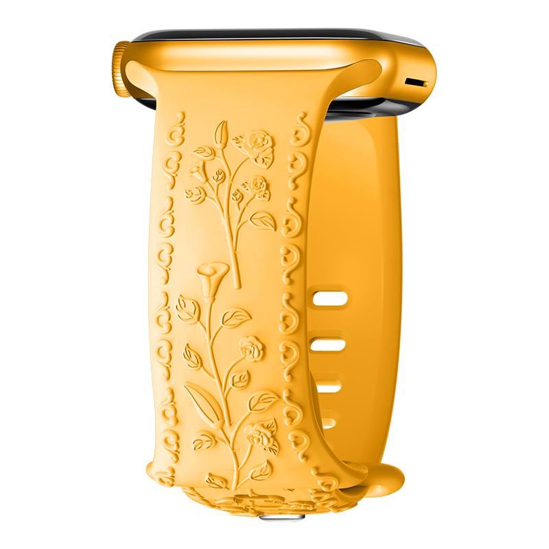 Engraved Strap For Apple Watch Band 42mm 44mm 45mm 41mm 40mm 49mm Silicone Floral Bracelet Correa Series 8 9 7 SE 4 5 6 Ultra 2