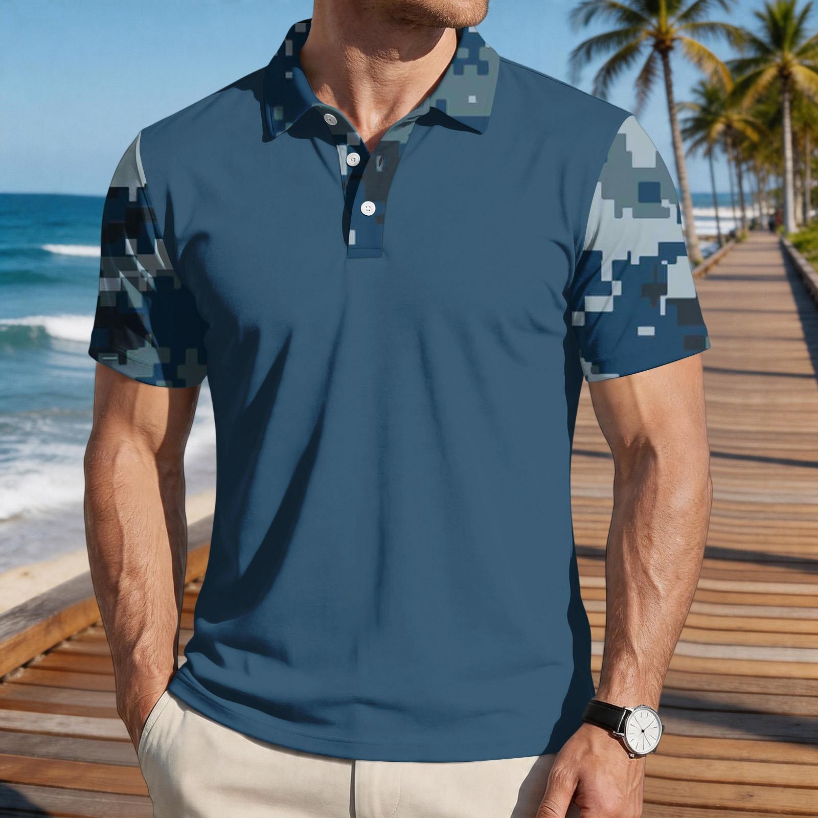 

Men s Loose Fit Casual Polo Shirt Short Sleeve Camouflage Print Patchwork Design Button Collar Summer Top L тёмно-синий