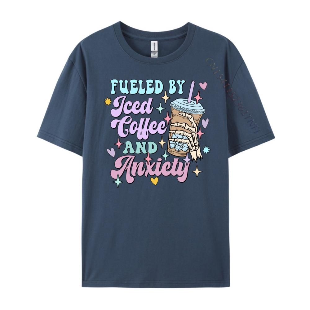 Fueled By Iced Coffee And Anxiety Coffee Shirt Green And White Graphic T Shirt Summer Funny T Shirts Gift
