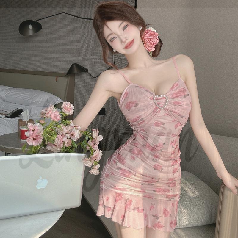 Floral Mesh Low-Cut Strappy Mini Dress with Ruffle Waist-Cinched Slim Fit
