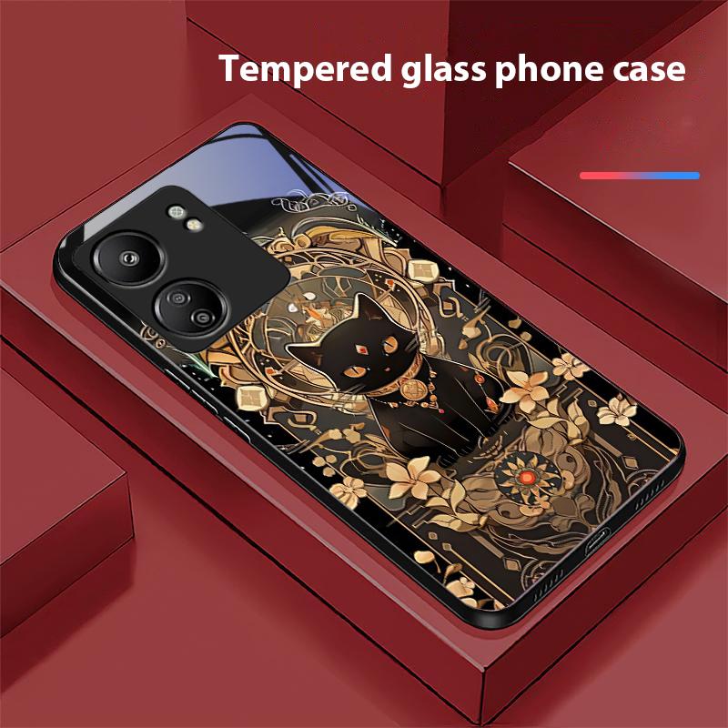 Schwarzes Gold Katze Für Xiaomi Redmi 13C Note13 12 Pro Plus 5G Note 9 13T Pro POCO X6 F5 F6 Schwarze Hartglas Handyhülle