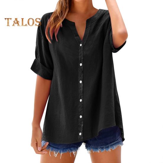 Women Shirt V-Neck Short Sleeve Buttons Placket Shirt Tops Solid Color Loose Fit Breathable Shirt Daily Wear