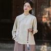 Johnature Women Vintage Shirts Tops Spring Chinese Style Solid Color Stand Button Long Sleeve Shirts