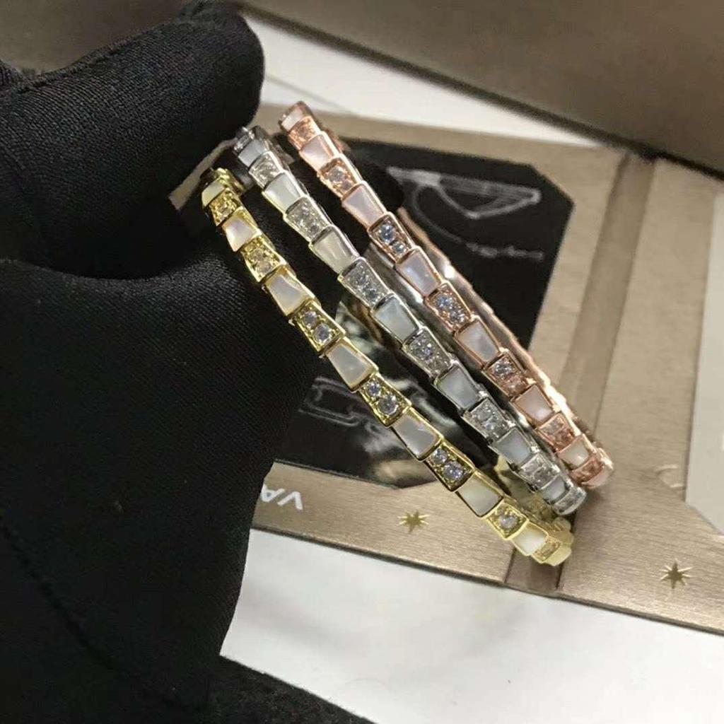 Sterling Silber Schlangenarmband mit Voll-Diamanten, natürlichem Perlmutt & Achat, in Pfauengrün für Paare - Unisex Europäischer & Amerikanischer Stil