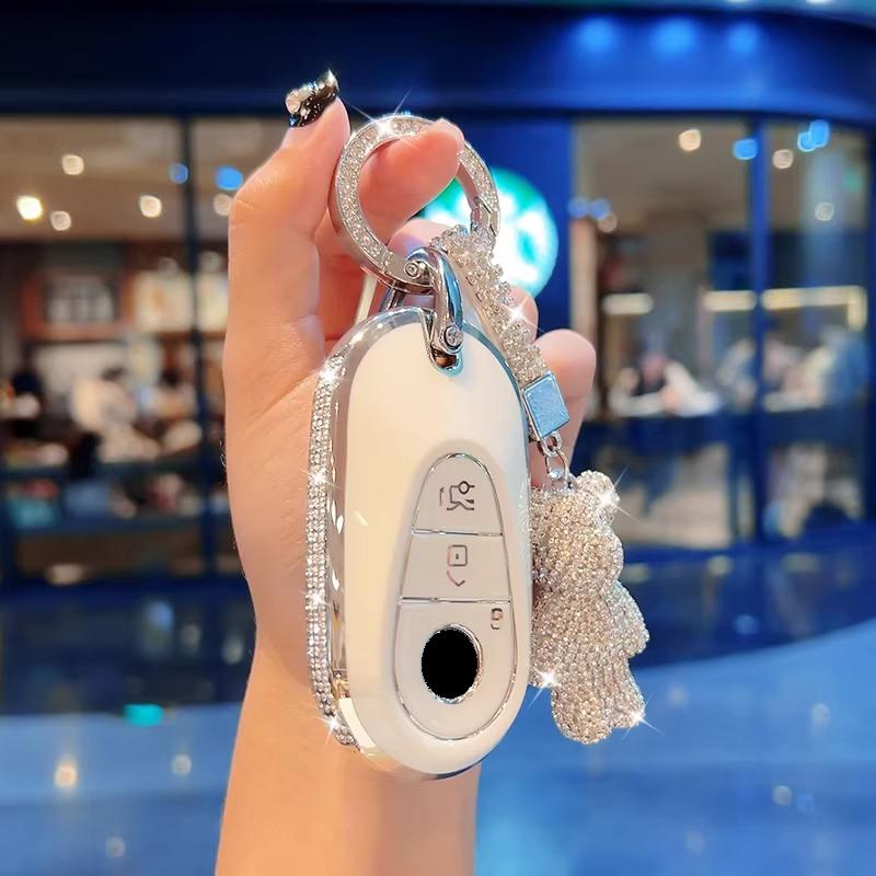 For Mercedes Benz Key Fob Cover, Bling Gold/Silver White Tpu Key Case With Keychain, Car Key Protector For C/E/S Class, Glc/Gle