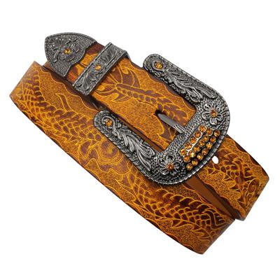 Retro Rhinestones Tie Leather Belt Design Western Style Printed Head Belt