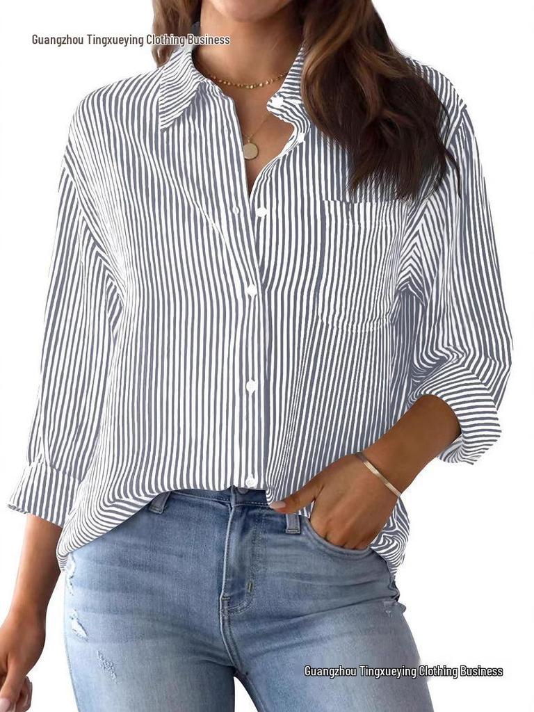 Herbst Streifenmuster Strickjacke Top - Damen Lässiges Langarm Modehemd