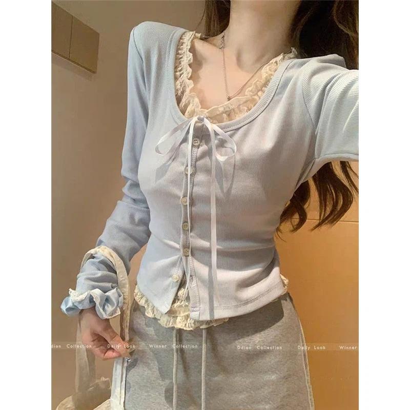 Spitzenbesatz Strickjacke mit Bindeband vorne Slim Fit Knopfleiste Pullover