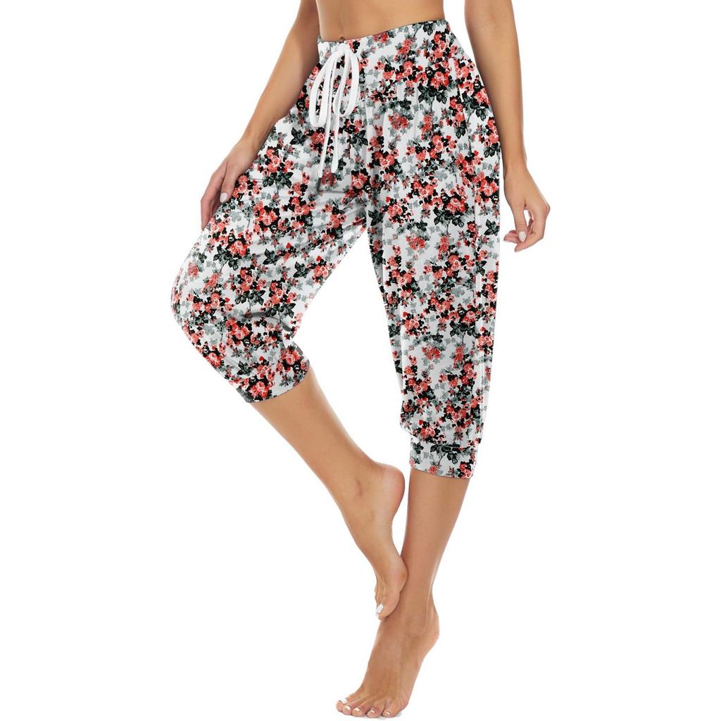 Damen Sommer Locker Retro Bedruckt Siebenhosen Jogginghose Yoga Home Jogginghose Mit Taschen