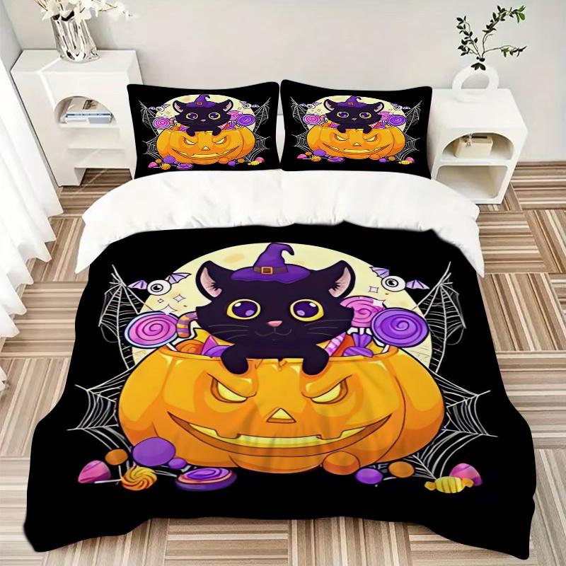 3pcs Cartoon Cat & Pumpkin Trick or Treat Print Bedding Set (1 Cover + 2 Pillowcases, Without Inserts), This Printed Bedding Set is Soft and