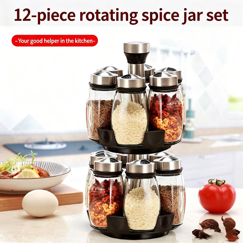 Rotating Spice Rack Set - 360° Revolving Glass Seasoning Jars with Stainless Steel Lids Food-Safe Lead-Free Glass for Kitchen Countertop, BBQ, Camping