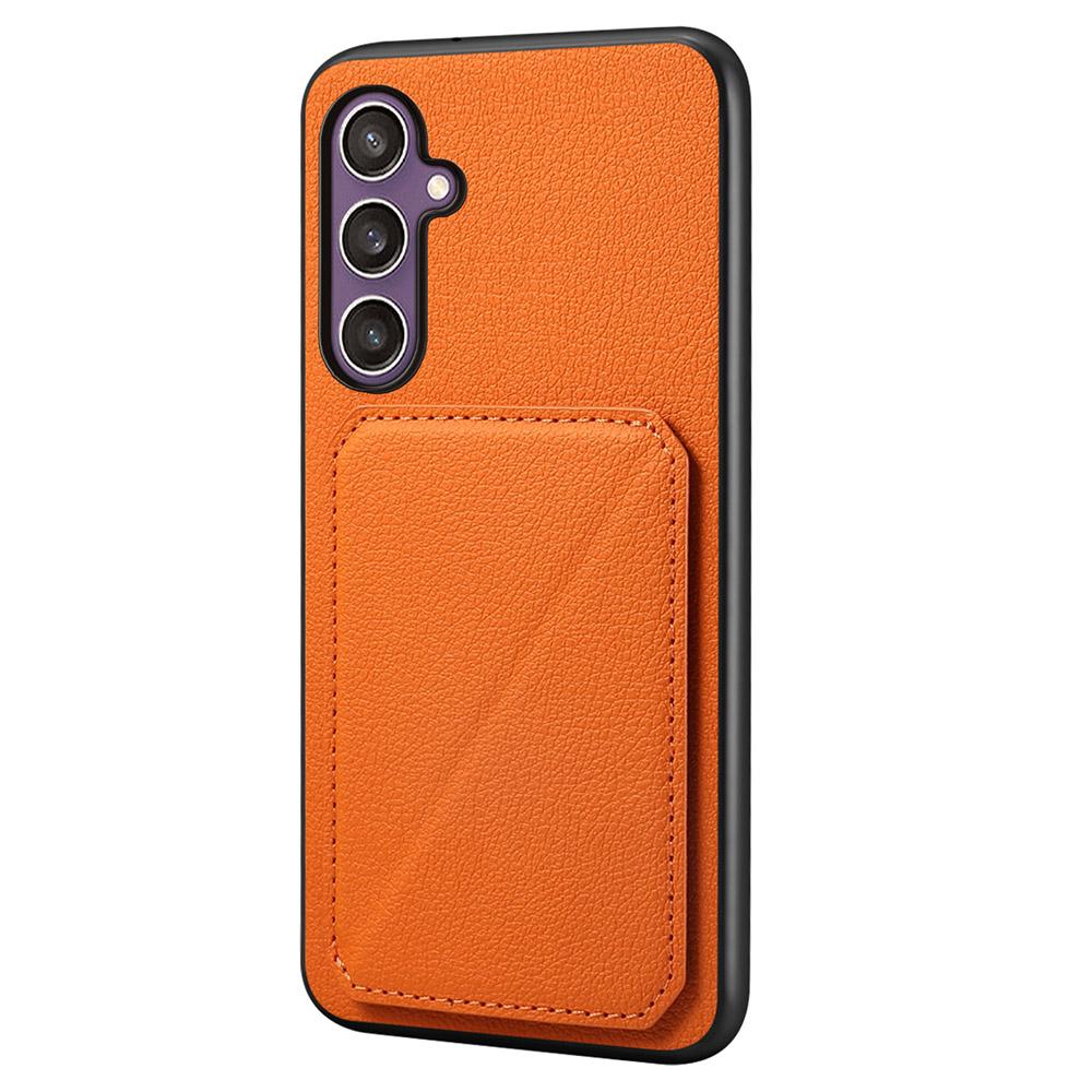 

For Samsung Galaxy S25 Case Card Holder Kickstand Calf Textured Leather+PC+TPU Phone Cover Orange
