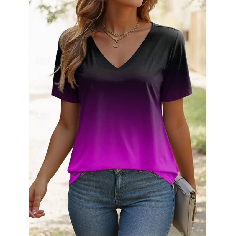 

Женская футболка Стильная Повседневная С коротким рукавом V-образный вырез Обычные Топы Ежедневный Принт Летний Градиент Женская Модная Футболка XXL
