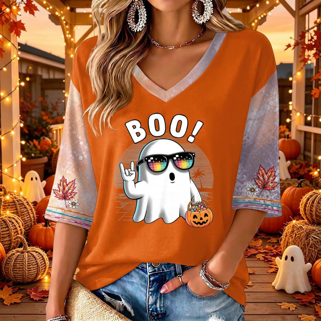 Women's Halloween Print V-Neck 3/4 Sleeve Casual Blouse Top