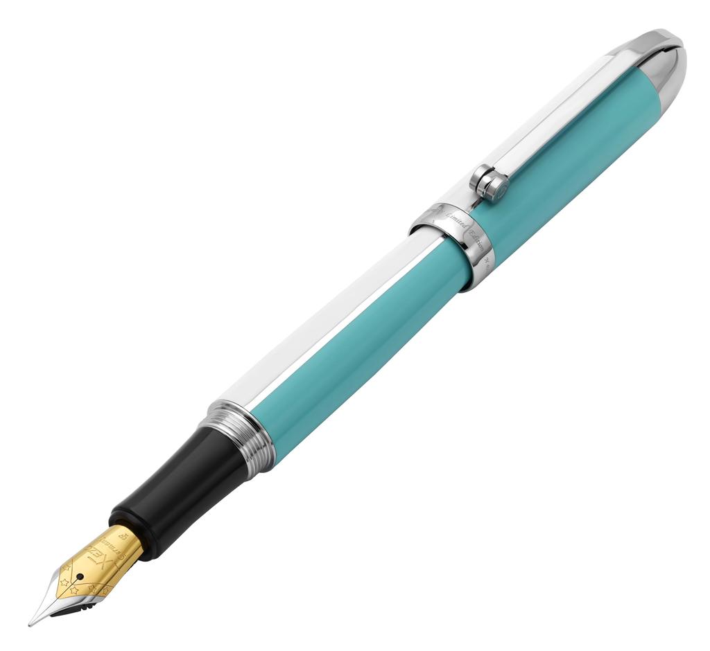 Xezo Visionary Brass and Aluminum Fountain Pen with Fine Sky Blue and White Hand Lacquer Limited Edition of 500 Classic Art Deco Color Body Style Nib,