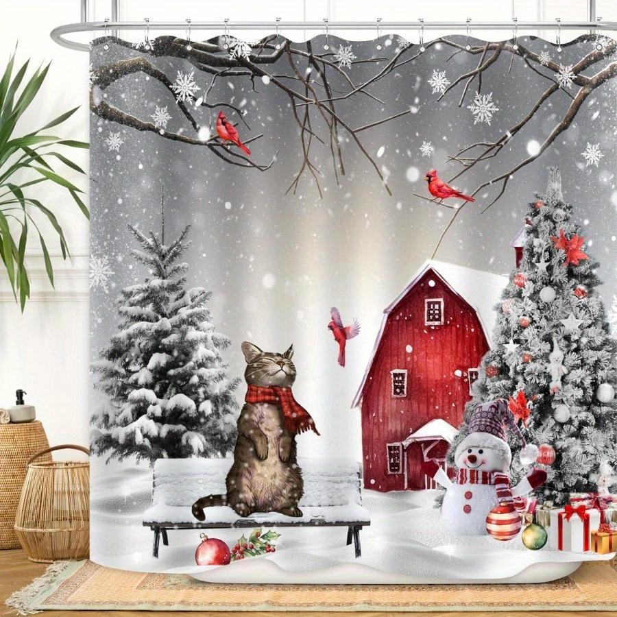 

Праздничная рождественская занавеска для душа - забавный дизайн с изображением кота и динозавра с рождественскими украшениями, водонепроницаемый полиэстеровый декор для ванной комнаты, 72x72 дюйма W180xH180cm